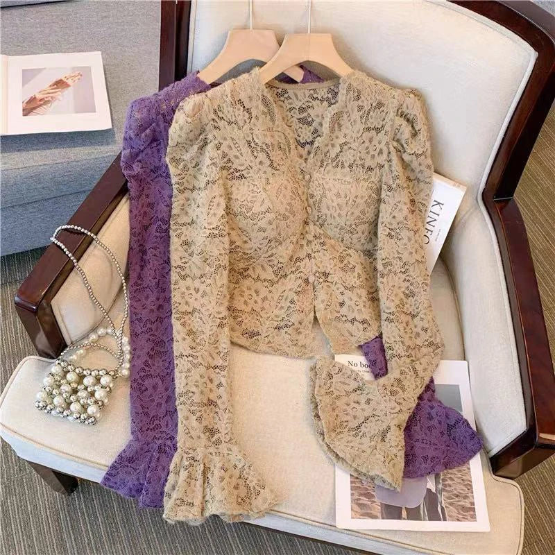 Hnewly Slim Lace Women Blouse Y2K Korean Chic V Neck Bell Sleeve Crop Tops Autumn Elegant Office Lady All Match Tight Shirts New