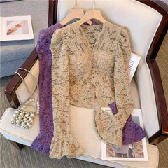 Hnewly Slim Lace Women Blouse Y2K Korean Chic V Neck Bell Sleeve Crop Tops Autumn Elegant Office Lady All Match Tight Shirts New