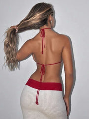 Hnewly  Cutenew Appliques Embroidery Women 2 Piece Set Summer Knitted Vacation Outfits Sexy Halter Bandage Camis+Panelled Maxi Skirts