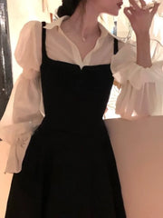 Hnewly  Spring Autumn Women Elegant Blouse+dress 2 Piece Set Office Lady High Waist Vintage Midi Dress French Slim New Casual Dress