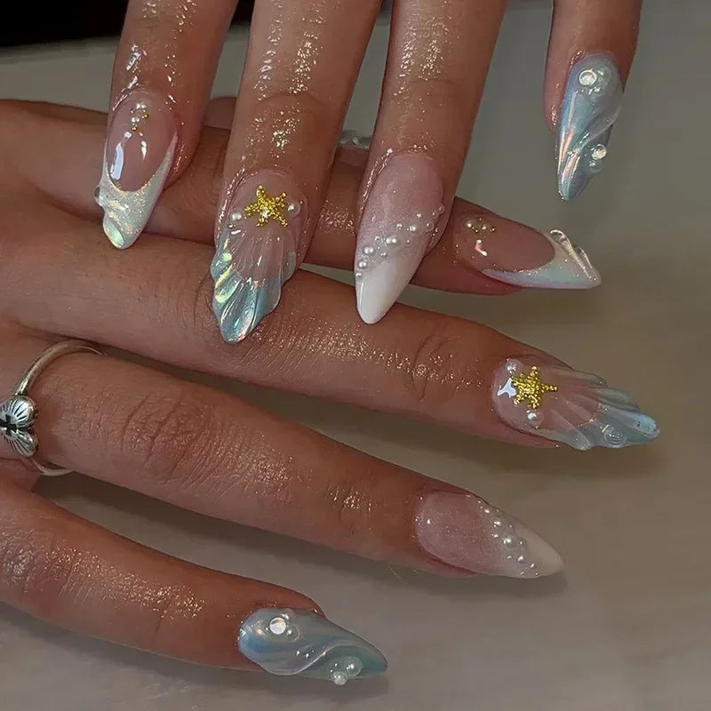 Hnewly 24Pcs French Almond False Nails Glitter with Rhinestones Wearable Fake Nails Artificial Simple Full Cover Press on Nails Tips