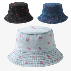 Hnewly  Watermelon Strawberry Embroidered Denim Bucket Hat Butterfly Pattern Wide Brim Denim Fisherman Hat Sun Hat Spring and Summer