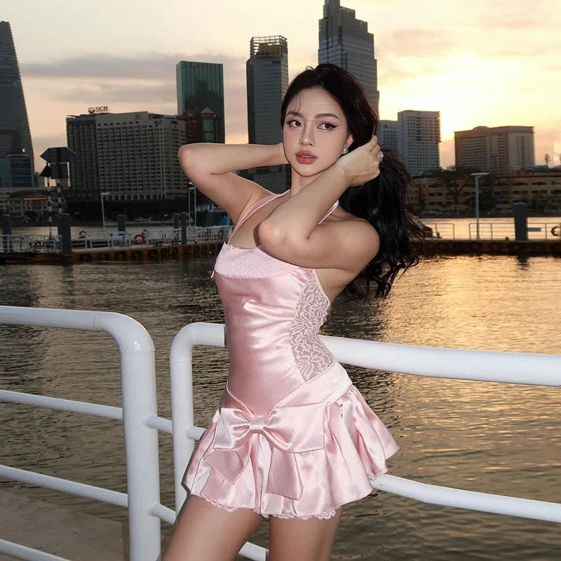 Hnewly summer inspo Pink Sexy Women Mini Dress Halter Lace Camisole Skirt Backless Big Bow Frock Hottie Ruffles Vestido Solid Slim A-Line Gown