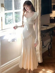 Hnewly Women Autumn Spring Elegant Lace Mermaid Dres Slim Waist  Vestidos Vintage Chic Evening Party Robe New