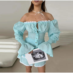 Hnewly  Women's Floral Print 2-Piece Suits Set Puff Sleeve Off Shoulder Top Matching Lace Trim Mini Shorts Summer Elegant Casual Outfit