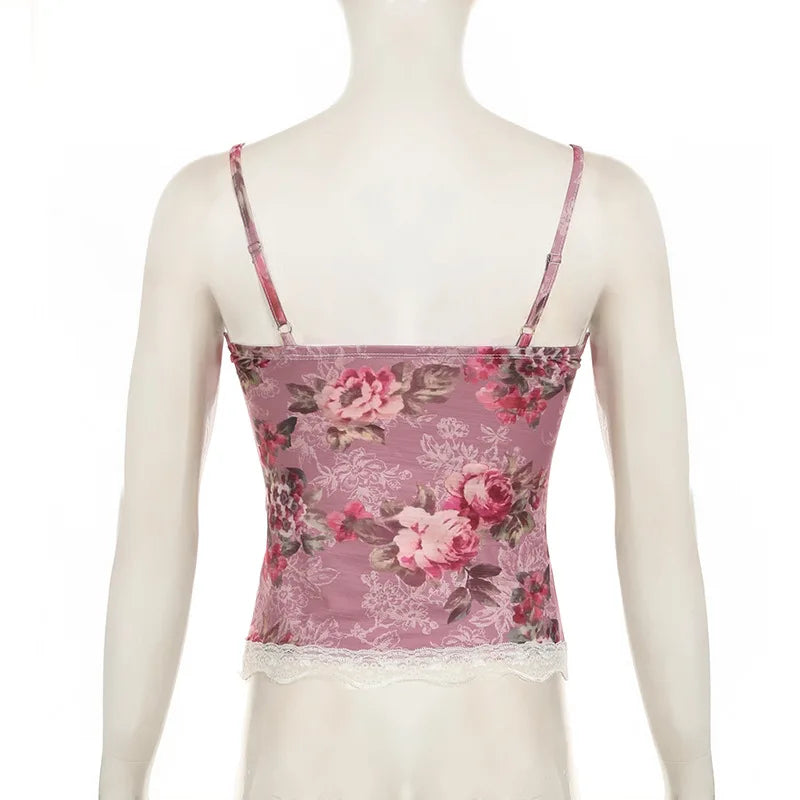 Hnewly y2k Tops Women Coquette Clothing Floral Print V Neck Spaghetti Strap Sleeveless Camisole Vest 2000s Clothes Streetwear