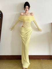 Hnewly  Weird Puss Slash Neck Dress Women Chic Elegant Sexy Patchwork Mesh Ruched Hollow Birthday Party Clubwear  Vacation Vestidos