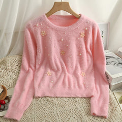 Hnewly  Women's Short Sweater Autumn Winter Fashion Beaded Slim Long Sleeve Pullover Korean Versatile O-neck Loose Knitted Tops