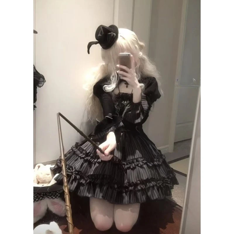 Hnewly Gothic Black Lolita Sets Women Casual Y2k Crop Top Blouse + Plaid Mini Skirts Japanese Kawaii 2 Piece Sets Vintage Clothing Chic