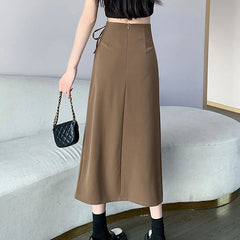Hnewly  Korean Shirring Midi Skirts for Women Fashion Office Side Split Black Skirt Woman Streetwear All-Match High Waist Skirts Female