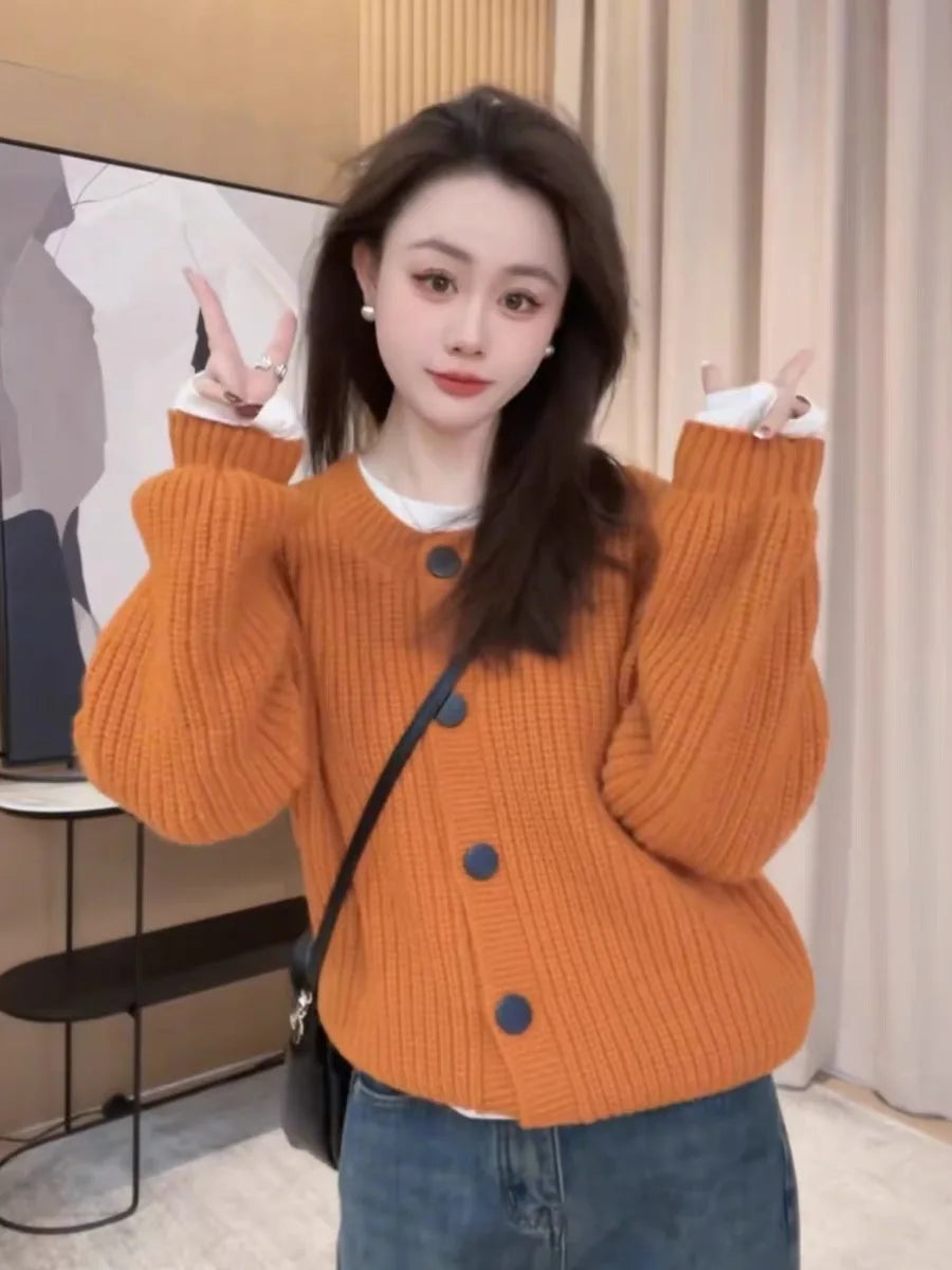 Hnewly  Button Down Crew Neck Cardigan Sweater for Women Long Sleeve Cozy Plain Cardigan Soft Knitwear Autumn Winter Casual Chic Outfit