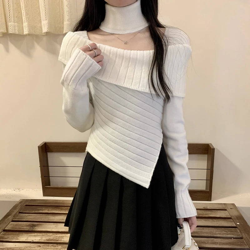 Hnewly Sweater y2k Clothes Women Coquette Off Shoulder Long Sleeve Irregular Hem Knitted Halter Tops 2000s Clothing Streetwear