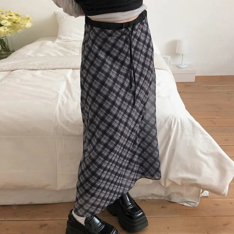 Hnewly Preppy Style Plaid Print Mesh Skirt Casual All-match Loose A-line Long Skirts for Women Summer Retro Skirt Korean Fashion