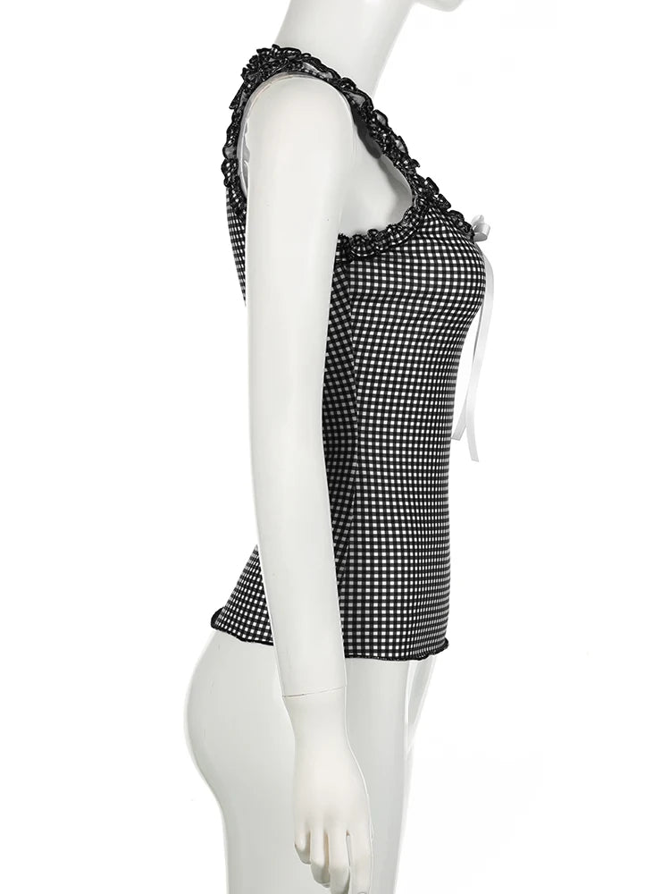 Hnewly Sweet Bow Ruffles Plaid Tank Top Slim Square Collar Sleeveless Tank Tops Women 2024 Summer Fashiion Streetwear Ladies