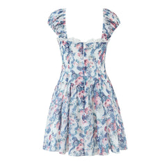 Lunivop  Summer Floral Print Spliced Lace Chest Bow Collar Short Puff Sleeve Dress Low Waist Ruched Hem Swing Mini Dresses Cake Robe