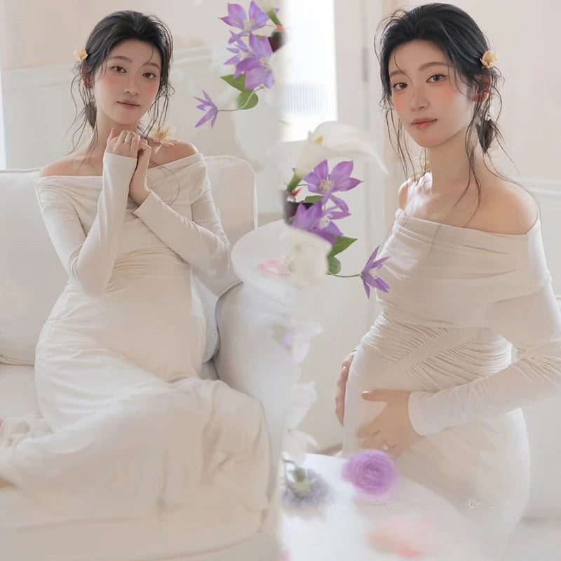 Hnewly  Women Maternity Dress for Photoshoot White Elegant Off-shoulder Long Sleeves Dresses for Lady Studio Shooting Pregancy Clothing