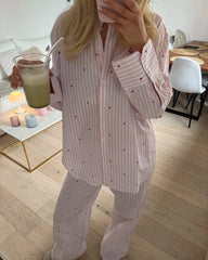 Hnewly  Women's Two Pieces Set Striped Heart Print Shirt and Pants Loungewear Set Long Sleeve Casual Cozy Set for Home