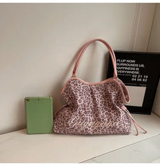 Polka Dot Suede Tote Bag Korean Leopard Print Letter Design, Women Large Capacity Drawstring Shoulder Bag Fashion Casual Handbag