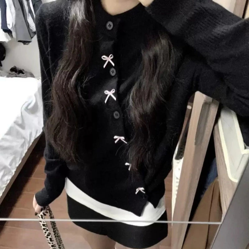Hnewly Korean Style Sweet Bow Knitted Cardigan Women Elegant Black Sweaters Kawaii Irregular Long Sleeve Cardigan Aesthetics