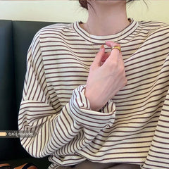 Hnewly  Coffee Stripes Cotton T-Shirts Women Loose Spring Autumn 2023 Lady Casual Full Sleeve O-Neck Chic All Match Tops