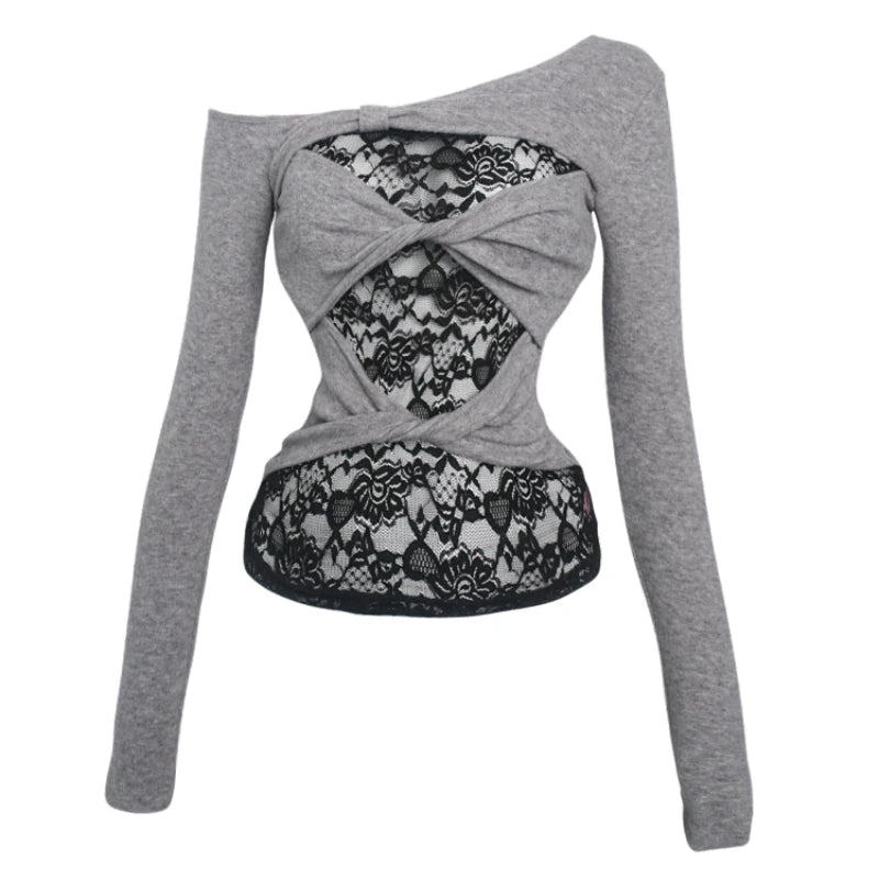Hnewly Autumn Sweet Lace Slim Tops Y2k E-Girls Kawaii Hollow Tops Long Sleeve Korean Fashion T Shirts Harajuku Elegant Clothing Chic