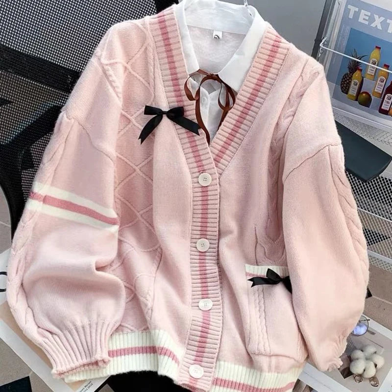 Hnewly  Pink Sweet Women Cardigan Korean Bow Knitted Long Sleeve Female Sweater Jk Preppy Style New Kawaii V Neck Ladies Casual Coats