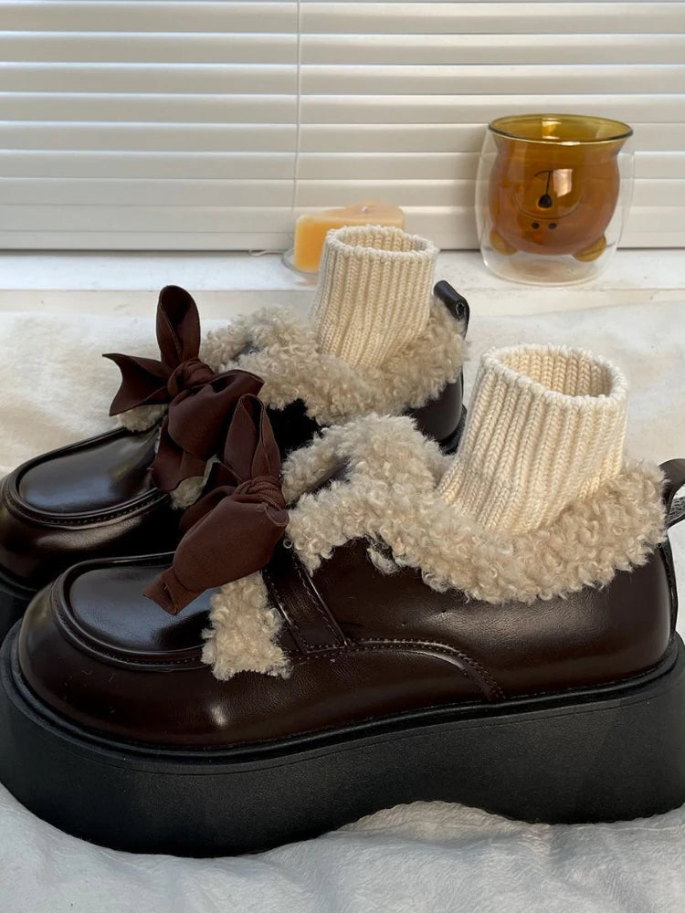 Hnewly Winter Japanese Sweet Platform Shoes Women Warm Bow Vintage Kawaii Plush Shoes Female Pure Color Casual Comfortable Shoes
