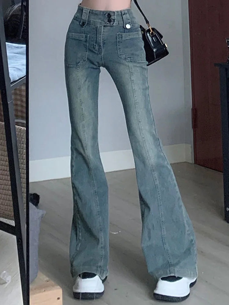 Hnewly Pockets Vintage High Waist Skinny Jeans Female Hong Kong Style Denim Bell Bottom Pants Spicy Girl Blue Oversized Boot Cut Jeans