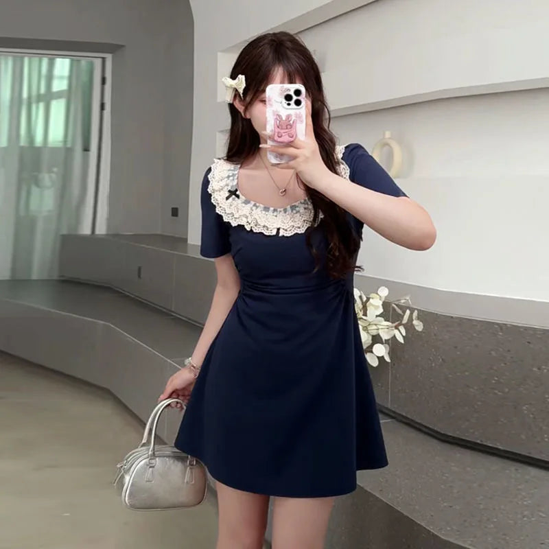 Hnewly  Elegant plus Size Lace Dress Women Summer New High Waist Concealing Meat Unique Special Skirt French Style  Color