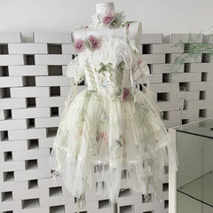 Hnewly  Sweet Lolita Dress Green Layered Ruffle Dress with White Lace Trim and Bows Cosplay Costumes with Choker Party Flower Dress