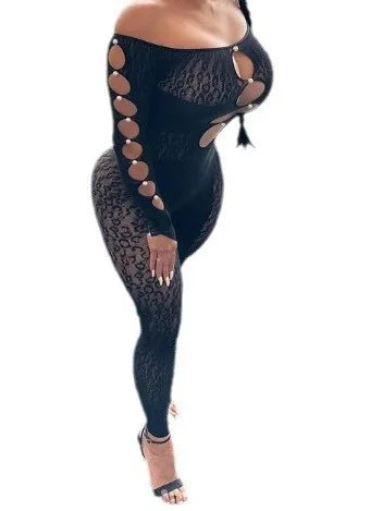 Hnewly New Sexy Jumpsuit One Shoulder Perforated Design, Thickened Dark Stripe Lace Pearl Women Jumpsuits Fashion Slim Women Tops HED2