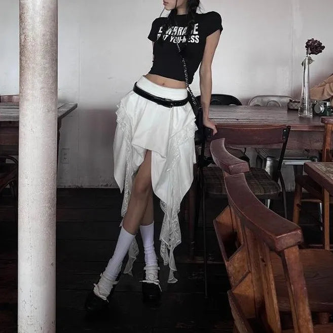 Hnewly New Small Style Lace Splicing Irregular High Waist A-line Short Skirt