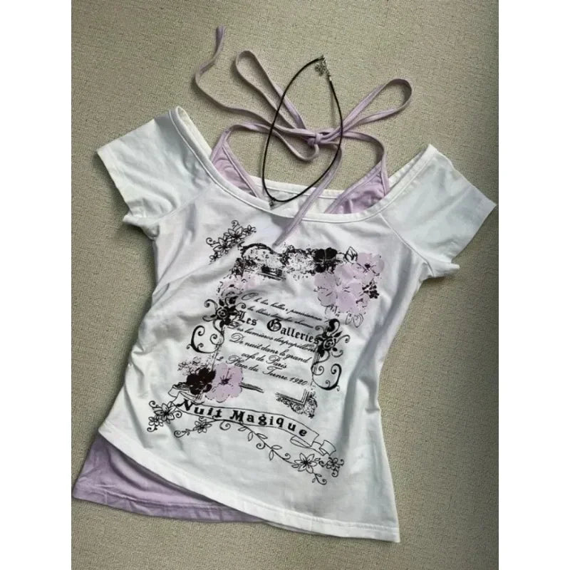 Hnewly Summer Fake Two Pieces Halter Bandage Vintage T-shirts Y2k Aesthetic Slim Crop Tops Women Grunge Print Harajuku Casual Sexy Tee