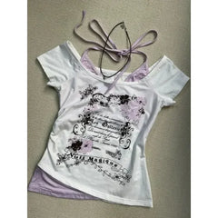 Hnewly Summer Fake Two Pieces Halter Bandage Vintage T-shirts Y2k Aesthetic Slim Crop Tops Women Grunge Print Harajuku Casual Sexy Tee