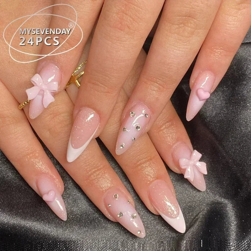 Hnewly 24Pcs Pink Almond French Press on Nails With 3D Bow ripple charms Design Fake Nails Ballerina False Nails Full Cover Nail Tips