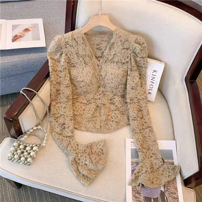 Hnewly Slim Lace Women Blouse Y2K Korean Chic V Neck Bell Sleeve Crop Tops Autumn Elegant Office Lady All Match Tight Shirts New