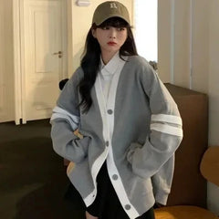Hnewly  Varsity Cardigan Sweater for Women Long Sleeve V-Neck Button-up Knit Slouchy Cardi Korean School-girl Preppy Fall Winter Outfit