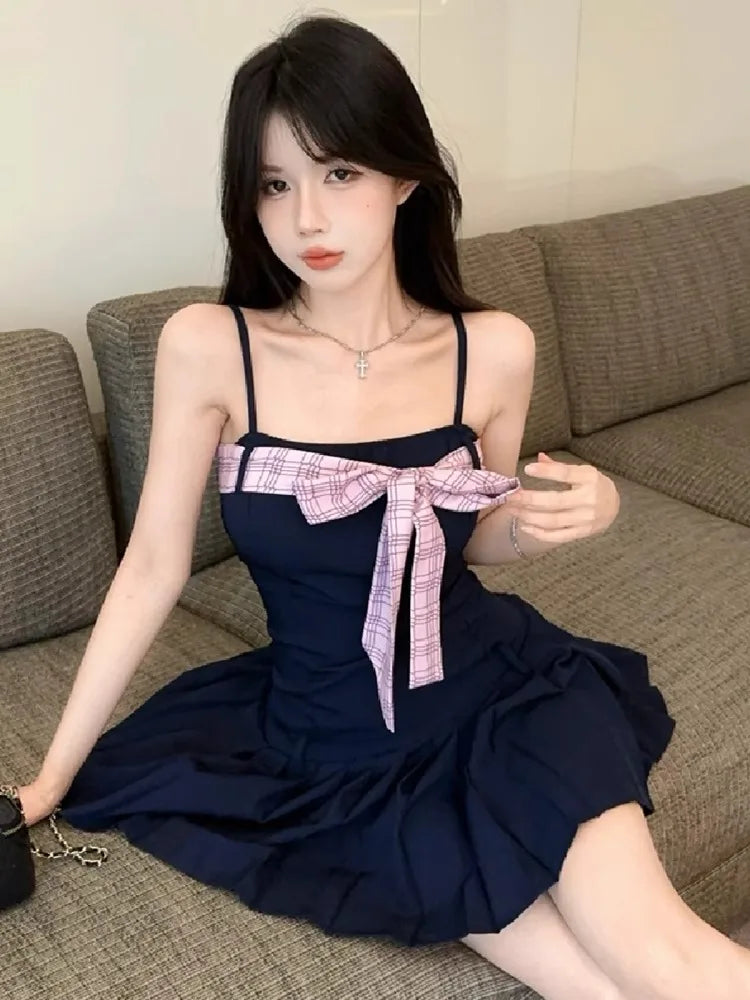 Hnewly  Woman Dress Bow Sexy Sweet Sleeveless Slash Neck Slim Backless Bow Bandage Elegant Mini Dresses Party Female Casual