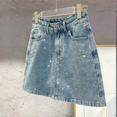 Hnewly  Bling Denim Skirt For Women's Summer New A-Line Fashion Diamond High Waist Skirt Versatile Korean Casual Short Skirt