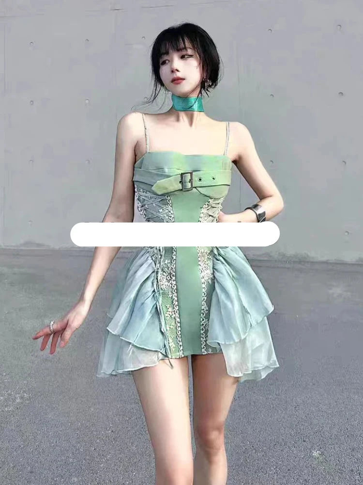 Hnewly DRESS TO IMPRESS Summer Sweet Lace Sleeveless Dress Women Ruffle Cute Skinny Backless Dresses Female Strappy Kawaii A Line Party Beach Clothing