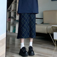 Hnewly  Plaid Midi Skirts Women Casual A-line Chic All-match High Street Elegant Vintage Mujer Jupe European Style Classic Sexy Clothing