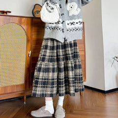 Hnewly  Japanese Vintage Woolen Plaid Skirts Women Autumn Winter High Waist A Line Midi Skirts Woman Korean Loose Thick Long Skirts