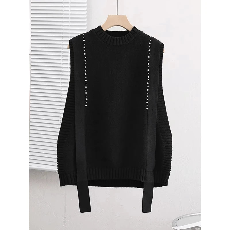 Hnewly  Elegant Bead Knitted Sweater Vest Women's Spring  Autumn Loose Versatile Comfortable Sleeveless Vest Casual Solid O-neck Top