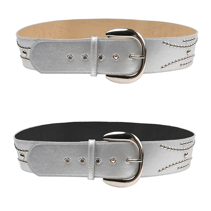 Hnewly Punk Style Rivet Stitched Leather Belt y2k Casual PU Gothic Wide Belts for Women Streetwear Grunge 2000s Waistband Chic