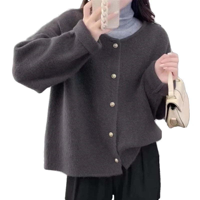 Hnewly  Women Sweater Cardigan Polished Gold Button Up Soft Knitted Long Sleeve Sweater Jacket Top Fall Winter Korean Ladies Chic Outfit