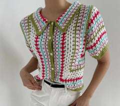 Hnewly  Rainbow Striped Crochet Shirt Collored Button-down Short Sleeve Openwork Knit Shirts Blouses Women Summer Boho Beach Outfit