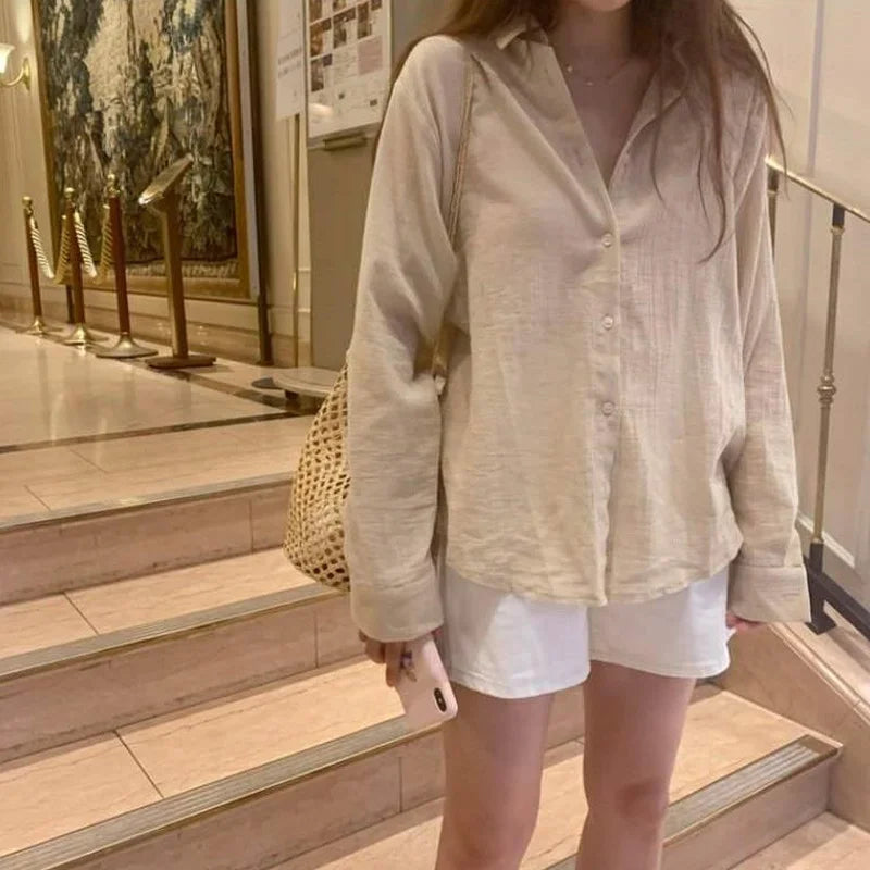 Hnewly Long Sleeve Apricot Shirt Women Рубашка Женская Spring All-match Simple Basic Korean Fashion New Design Cozy Casual Ins Hot Sale