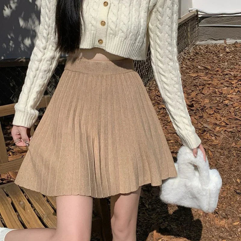 Hnewly  Autumn Winter Knitted A Line Skirts Women Korean Elastic High Waist Pleated Short Skirt Woman All Match Solid Color Mini Skirts