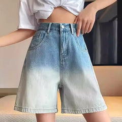 Hnewly  Korean Fashion Gradient Denim Shorts Women Summer Wide Leg Knee Length Jeans Woman Streetwear Pocket High Waist Shorts Female