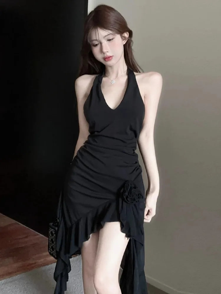 Hnewly  Woman Dress Sexy Sleeveless Slim Backless Irregular Ruffles Split Summer Fashion Temperament Party Dresses Female